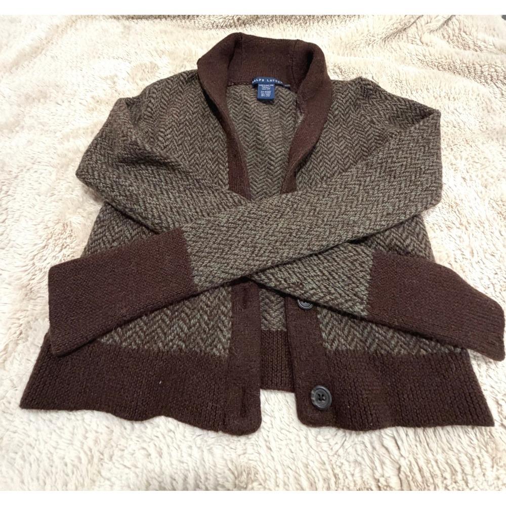Ralph Lauren Blue Label Alpaca Wool Herringbone Cardigan Sweater Medium Brown